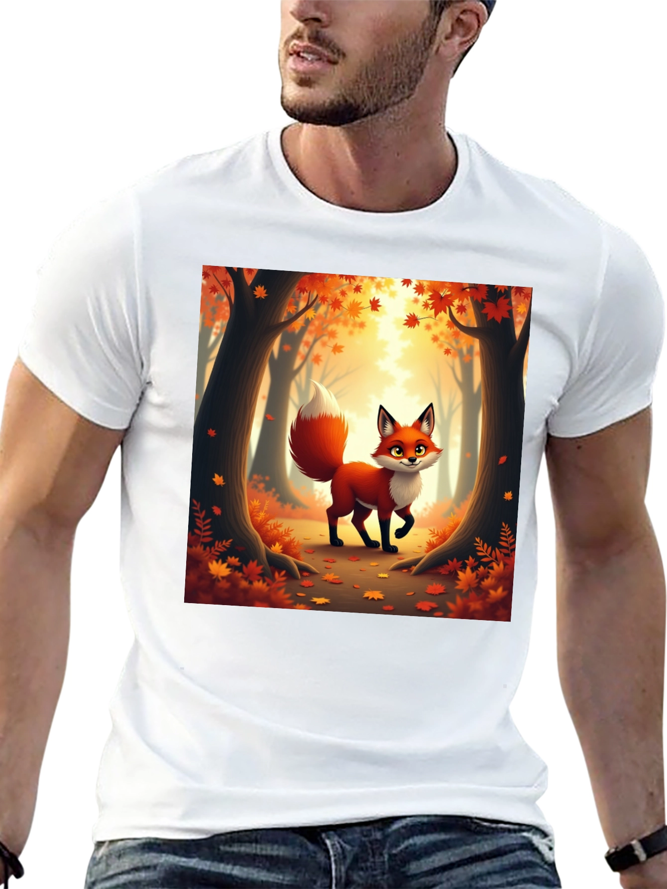 Camiseta Negra con Zorro Otoñal Animado
