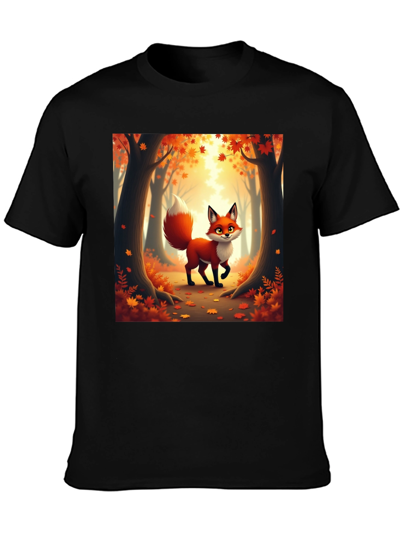 Camiseta Negra con Zorro Otoñal Animado