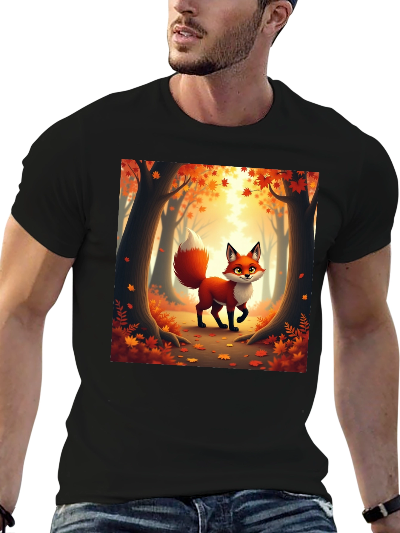 Camiseta Negra con Zorro Otoñal Animado
