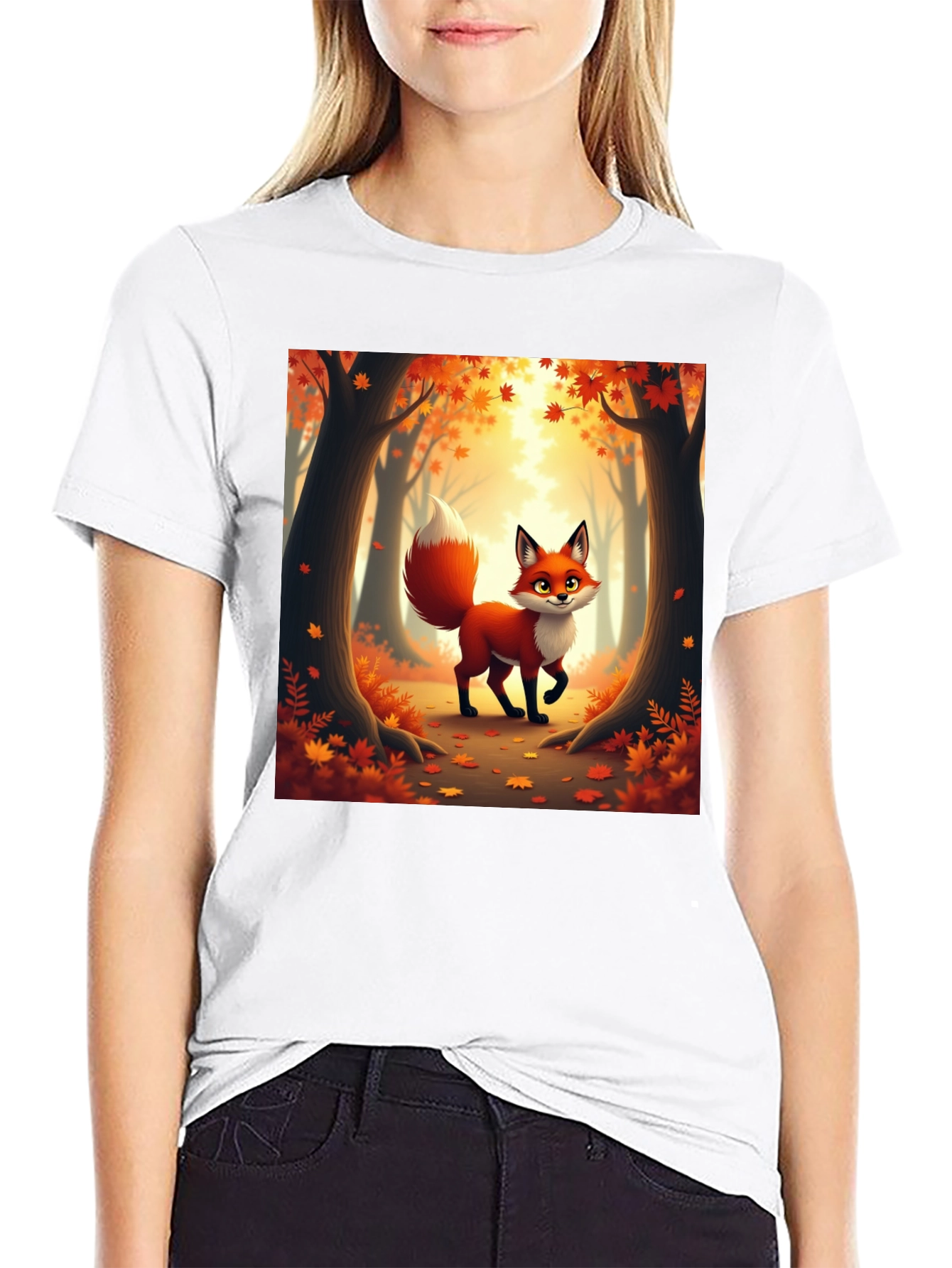 Camiseta Negra con Zorro Otoñal Animado