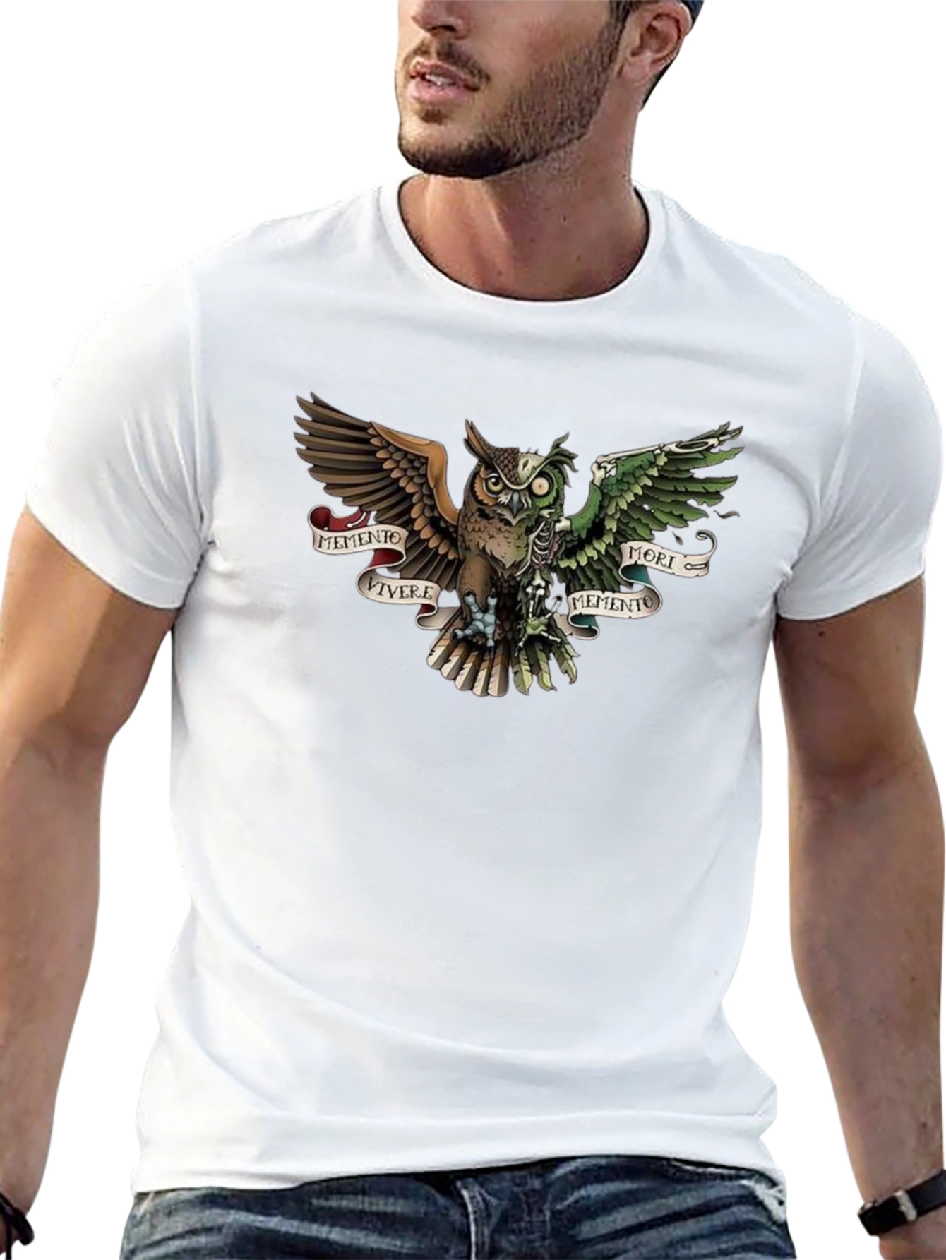 Camiseta Negra con Diseño de Búho Memento Mori