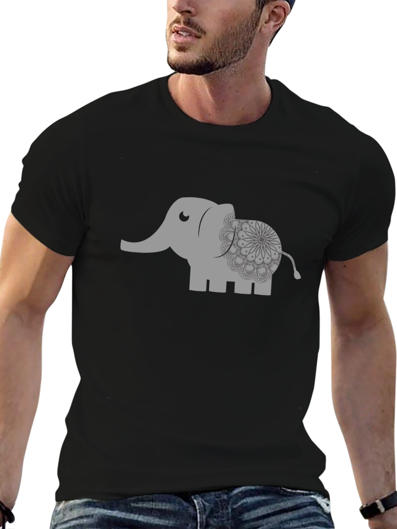 Camiseta Negra con Estampado de Elefante Mandala