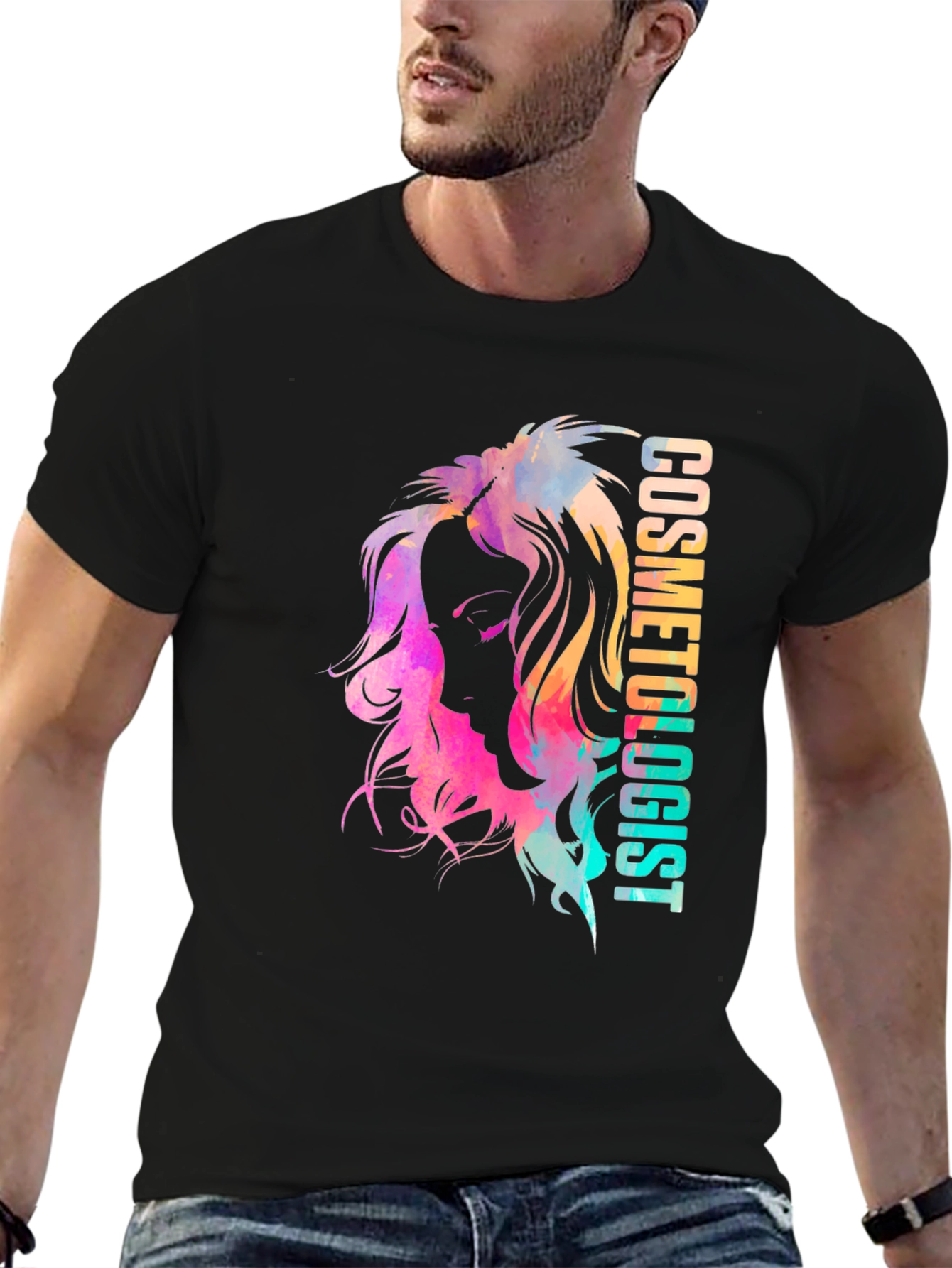 Camiseta Negra Cosmetóloga Diseño Acuarela