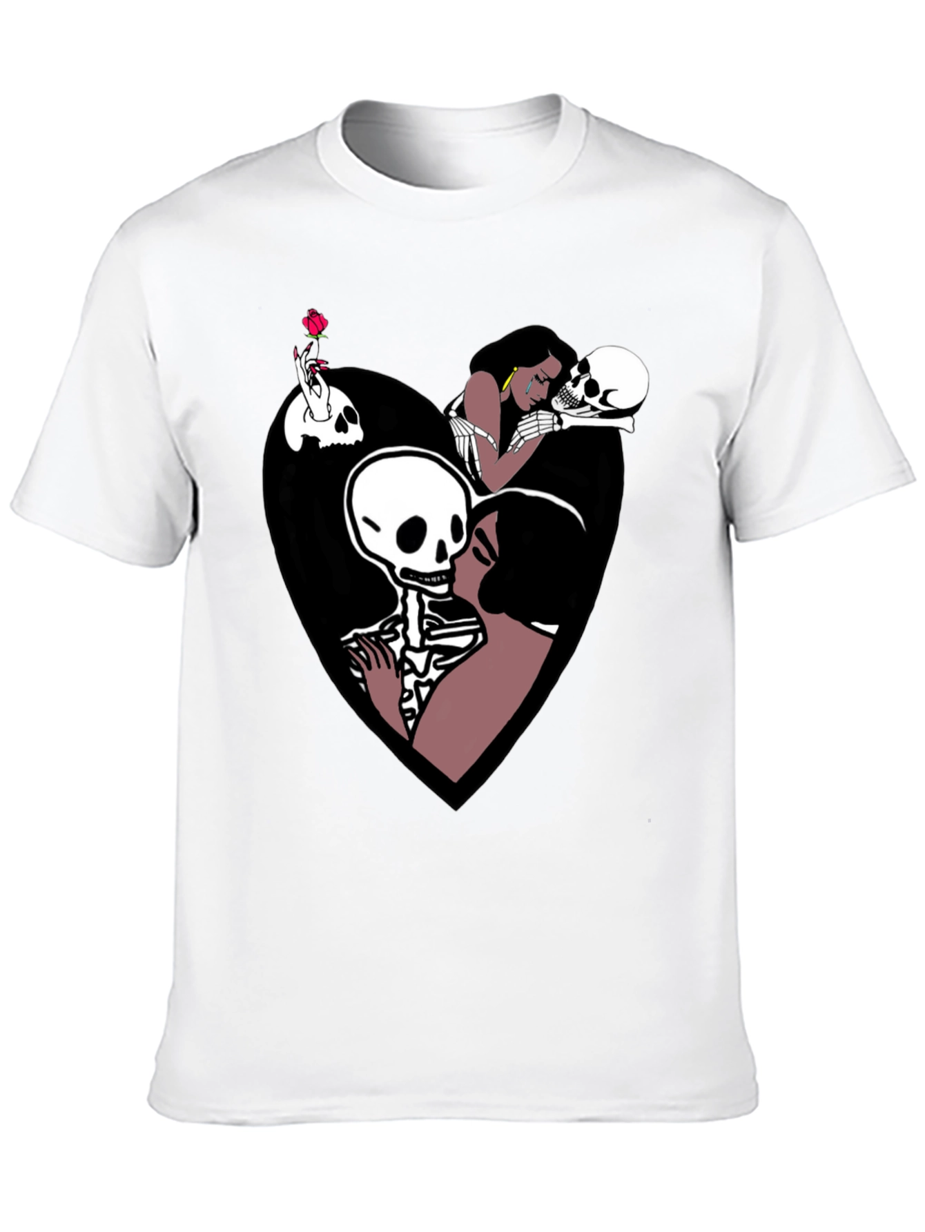 Camiseta Negra con Diseño Romántico de Calaveras