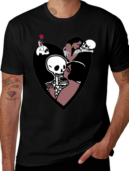 Camiseta Negra con Diseño Romántico de Calaveras