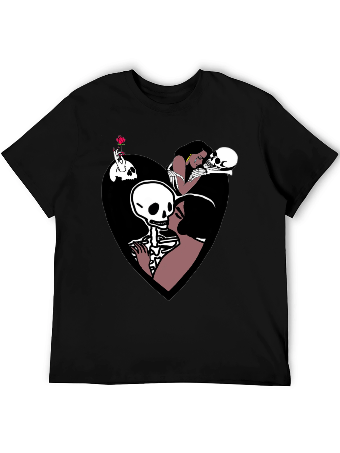 Camiseta Negra con Diseño Romántico de Calaveras