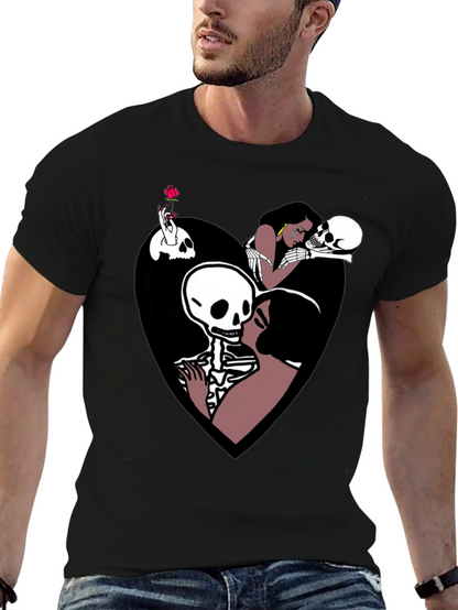 Camiseta Negra con Diseño Romántico de Calaveras