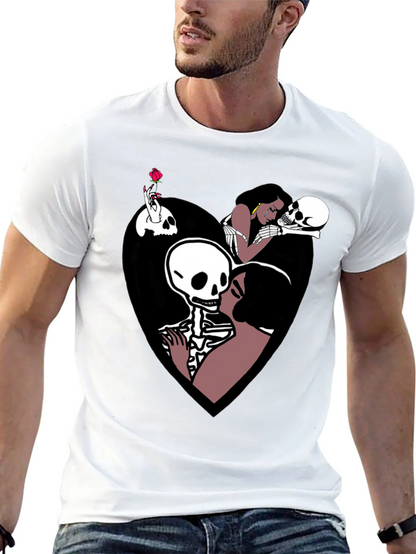 Camiseta Negra con Diseño Romántico de Calaveras