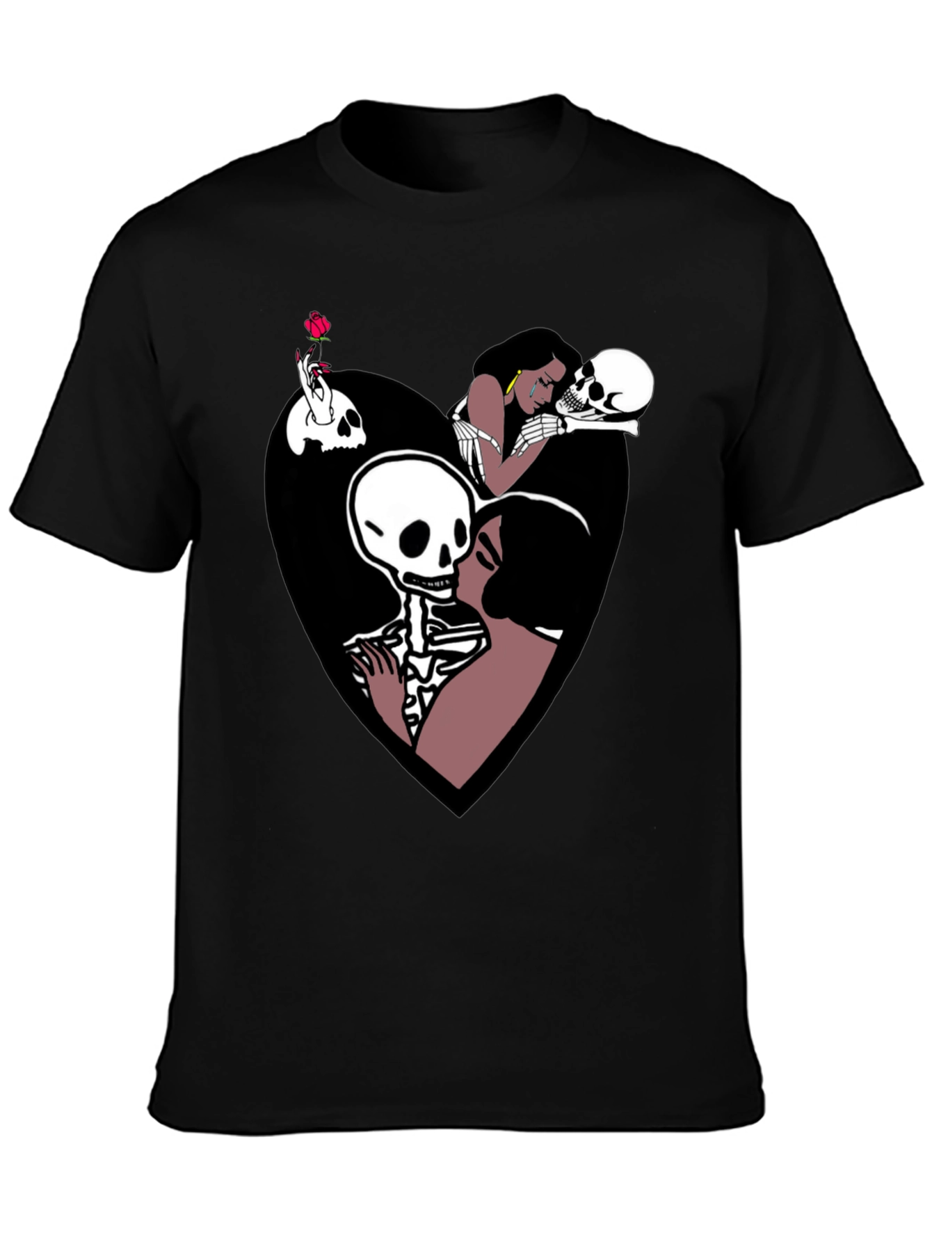 Camiseta Negra con Diseño Romántico de Calaveras