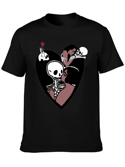 Camiseta Negra con Diseño Romántico de Calaveras