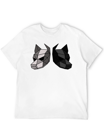 Camiseta Negra con Diseño Geométrico de Dos Lobos