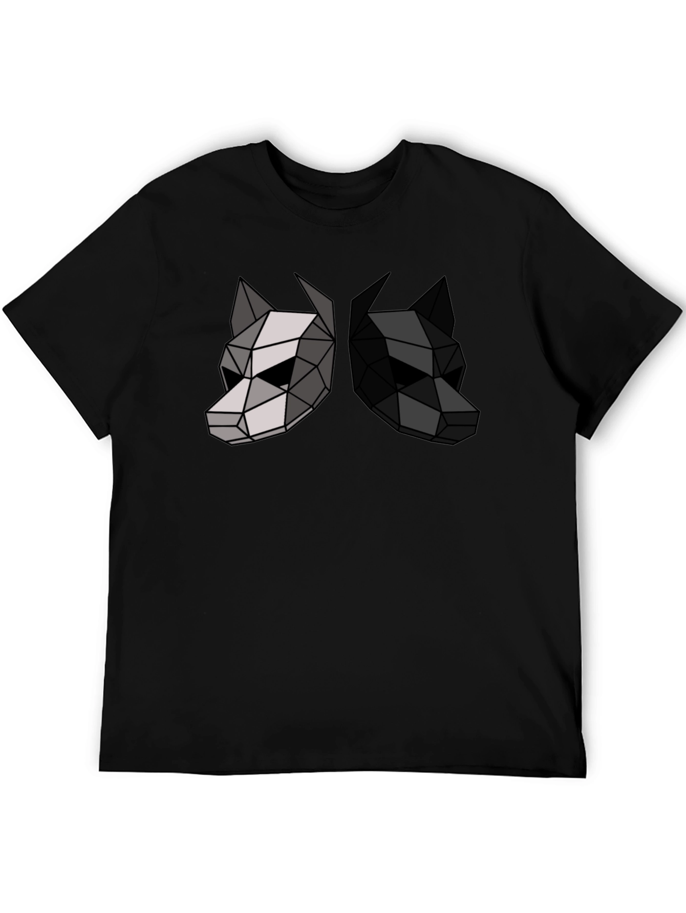 Camiseta Negra con Diseño Geométrico de Dos Lobos