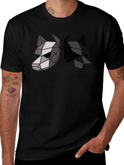 Camiseta Negra con Diseño Geométrico de Dos Lobos