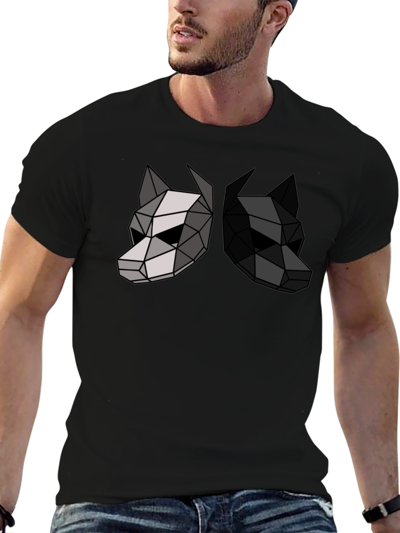 Camiseta Negra con Diseño Geométrico de Dos Lobos
