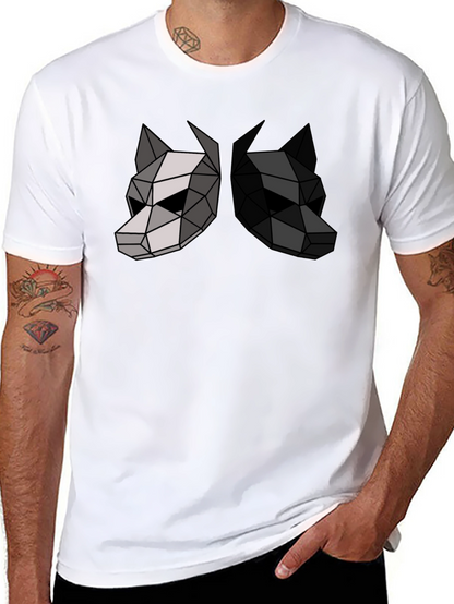 Camiseta Negra con Diseño Geométrico de Dos Lobos