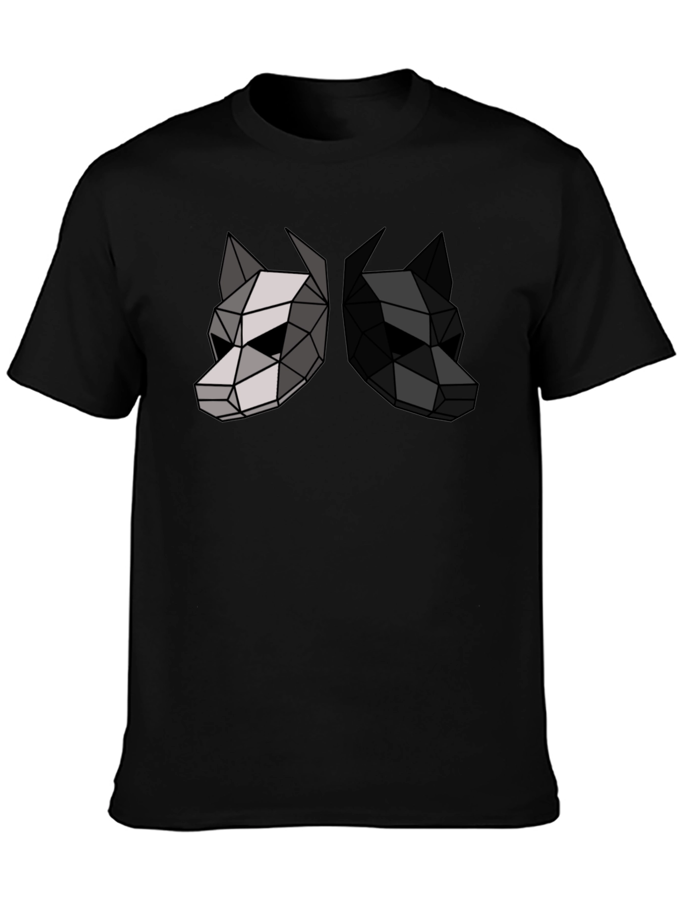 Camiseta Negra con Diseño Geométrico de Dos Lobos