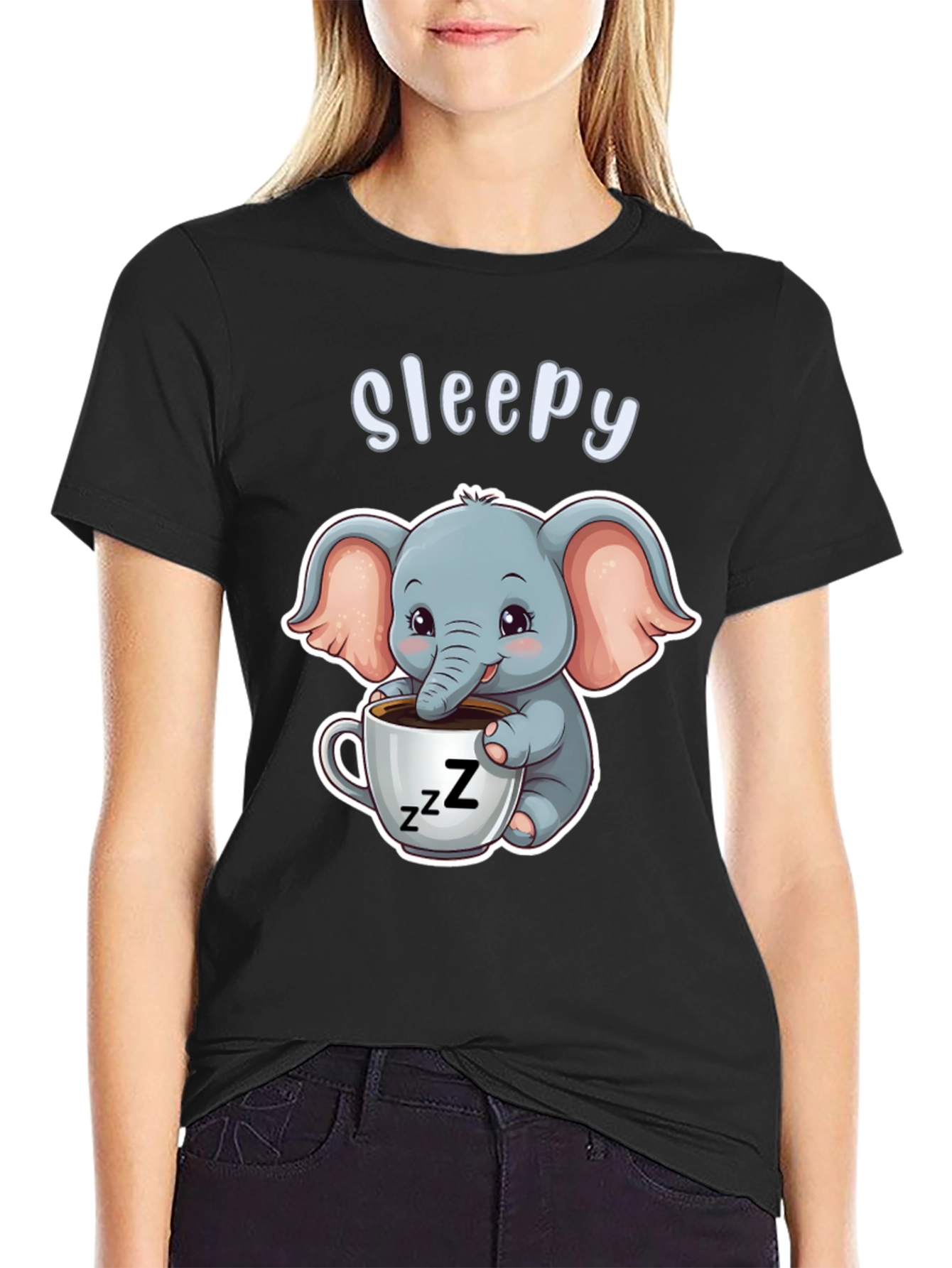 Camiseta Negra con Elefante Adorable Sleepy