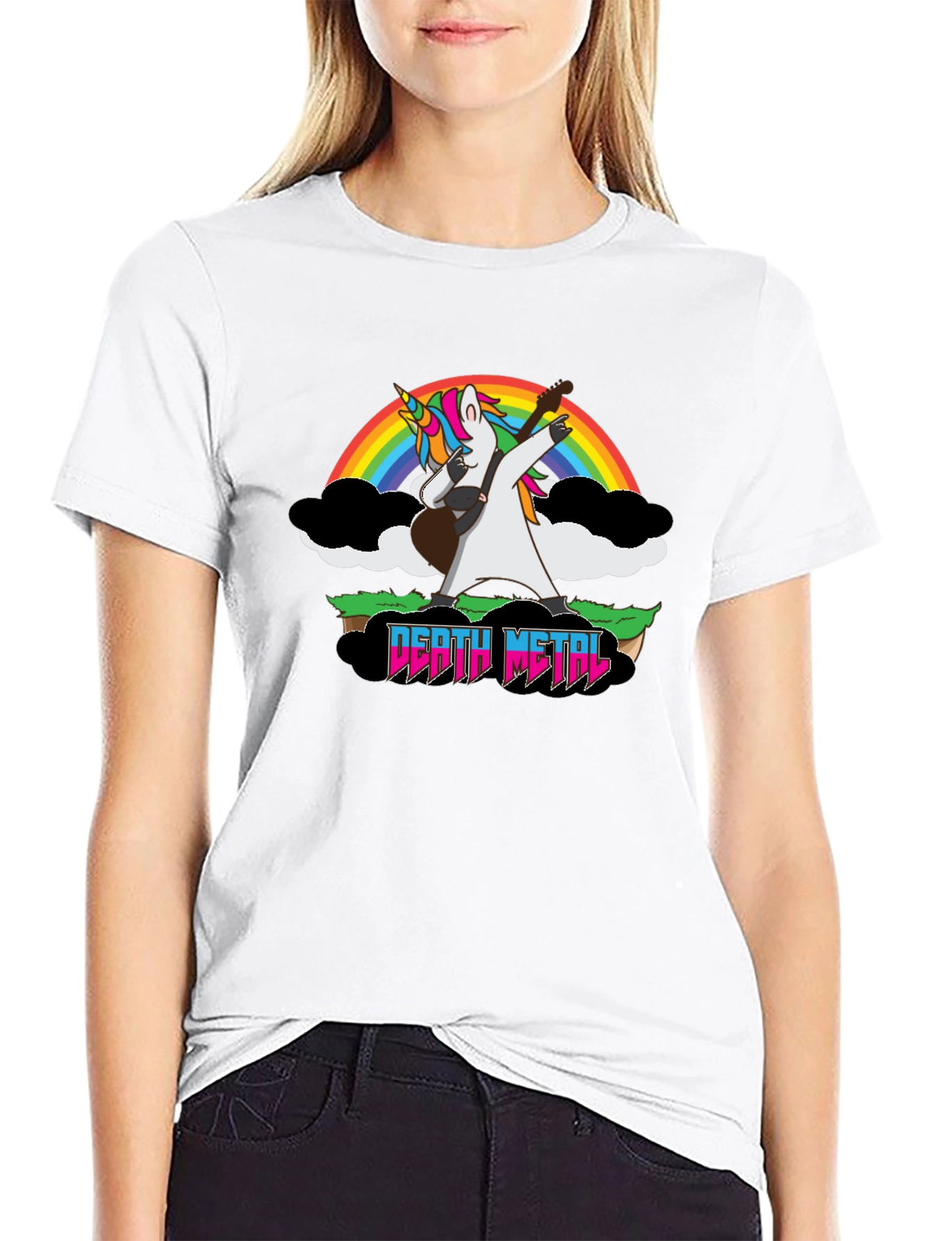 Camiseta Negra Unicornio Metalero con Arcoíris