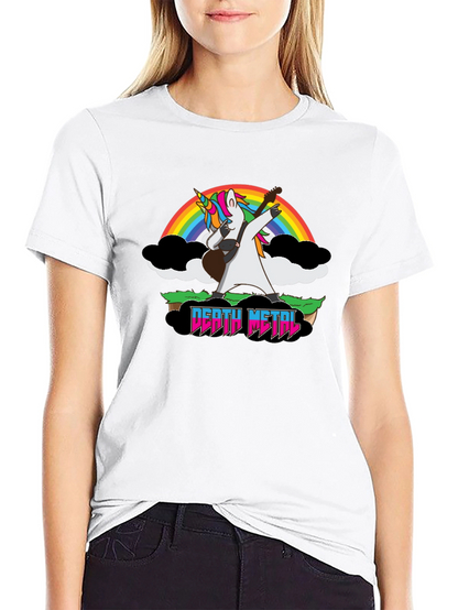 Camiseta Negra Unicornio Metalero con Arcoíris