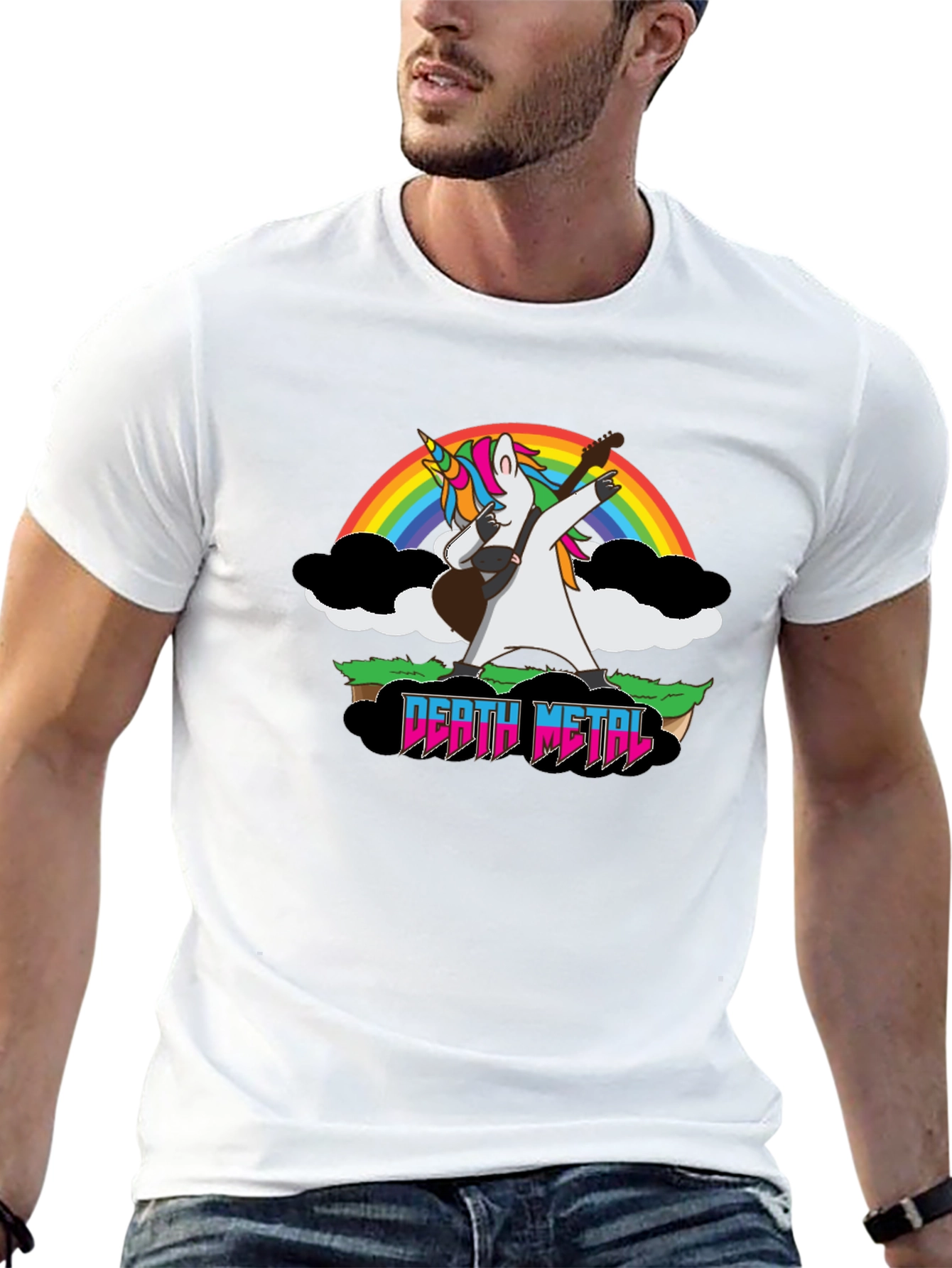 Camiseta Negra Unicornio Metalero con Arcoíris