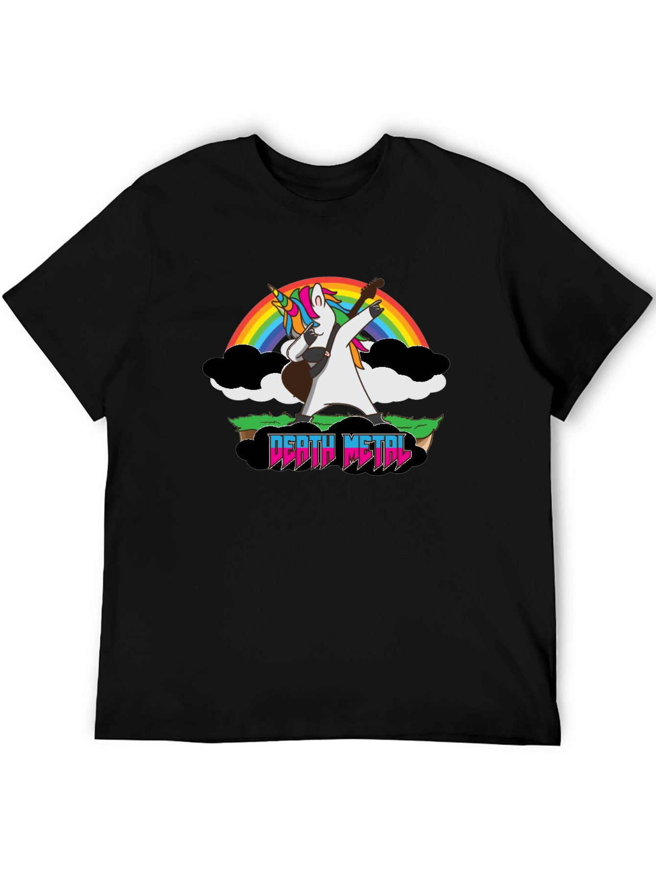 Camiseta Negra Unicornio Metalero con Arcoíris