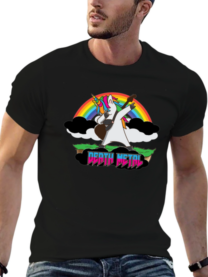 Camiseta Negra Unicornio Metalero con Arcoíris