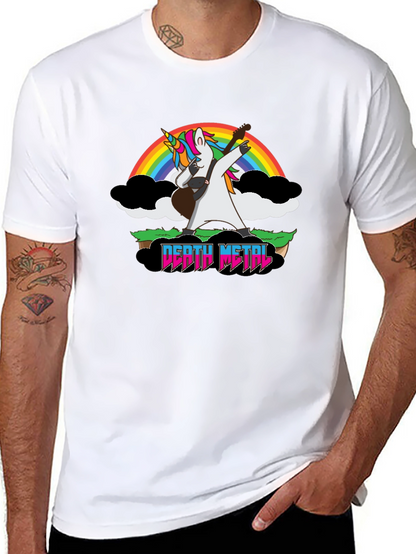 Camiseta Negra Unicornio Metalero con Arcoíris