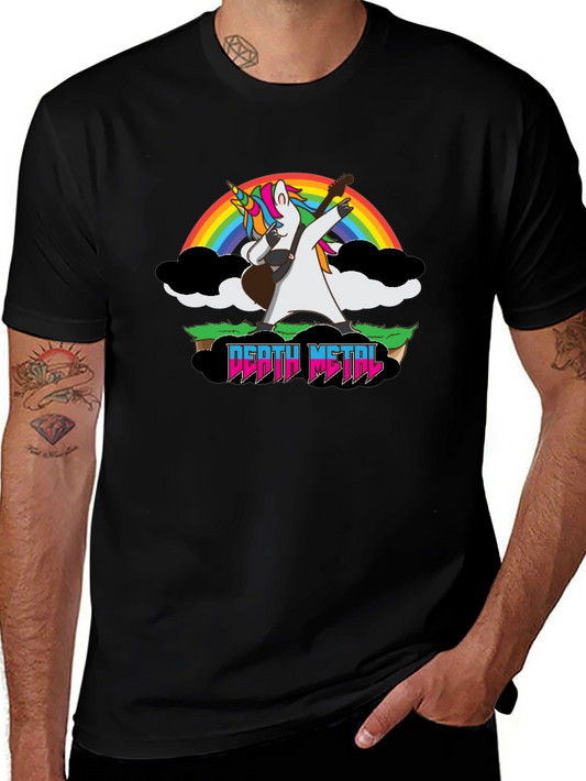 Camiseta Negra Unicornio Metalero con Arcoíris