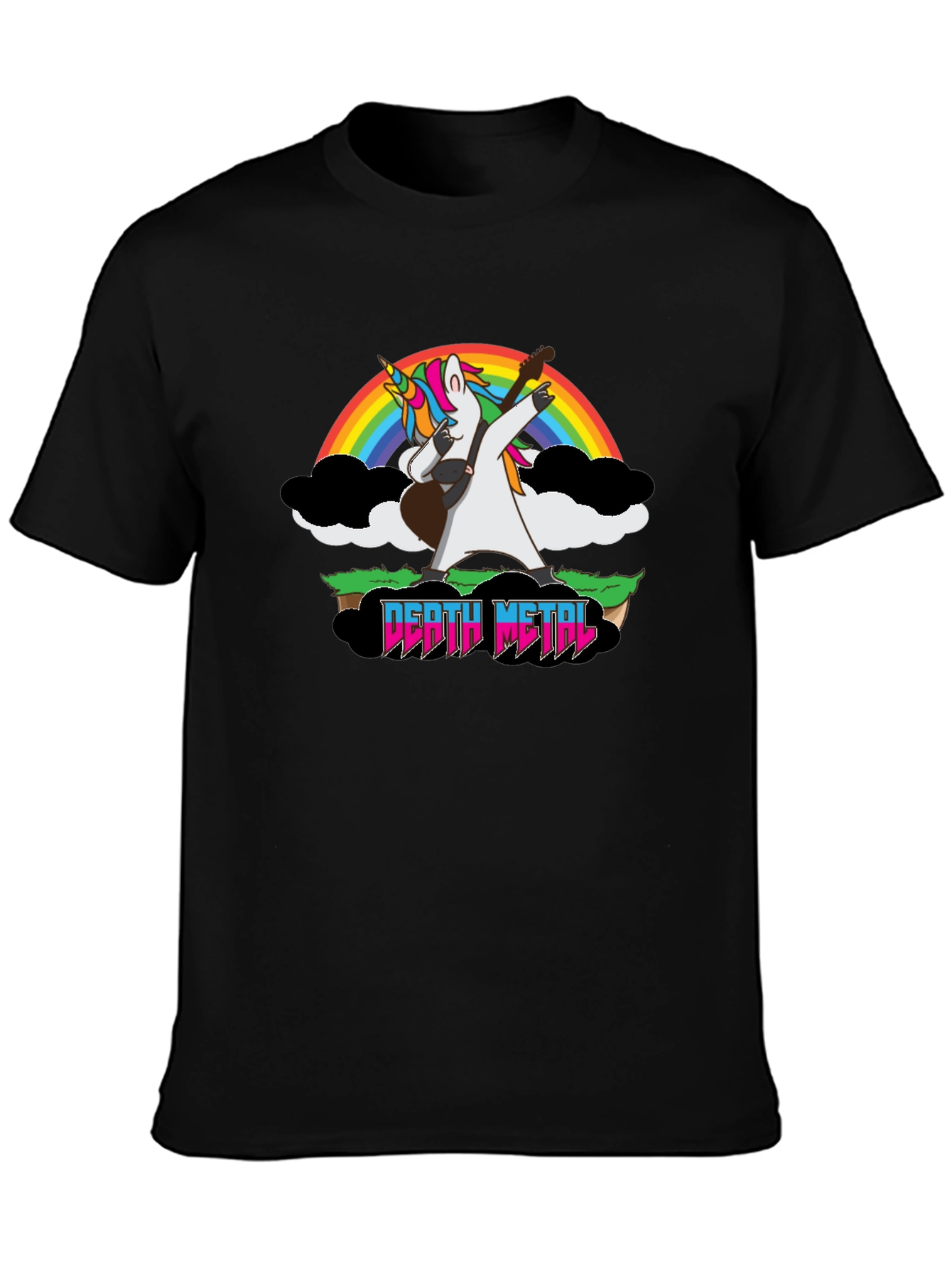 Camiseta Negra Unicornio Metalero con Arcoíris