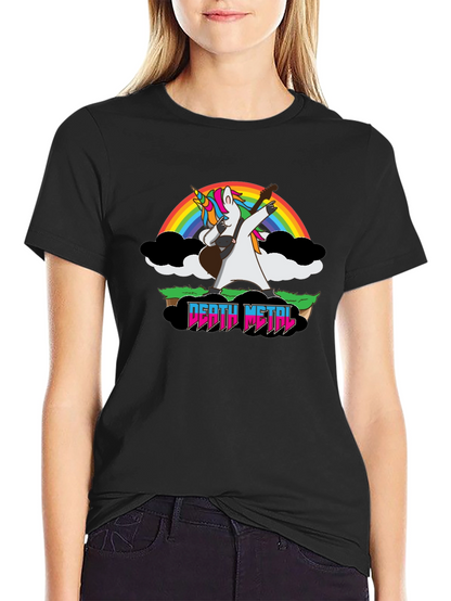 Camiseta Negra Unicornio Metalero con Arcoíris