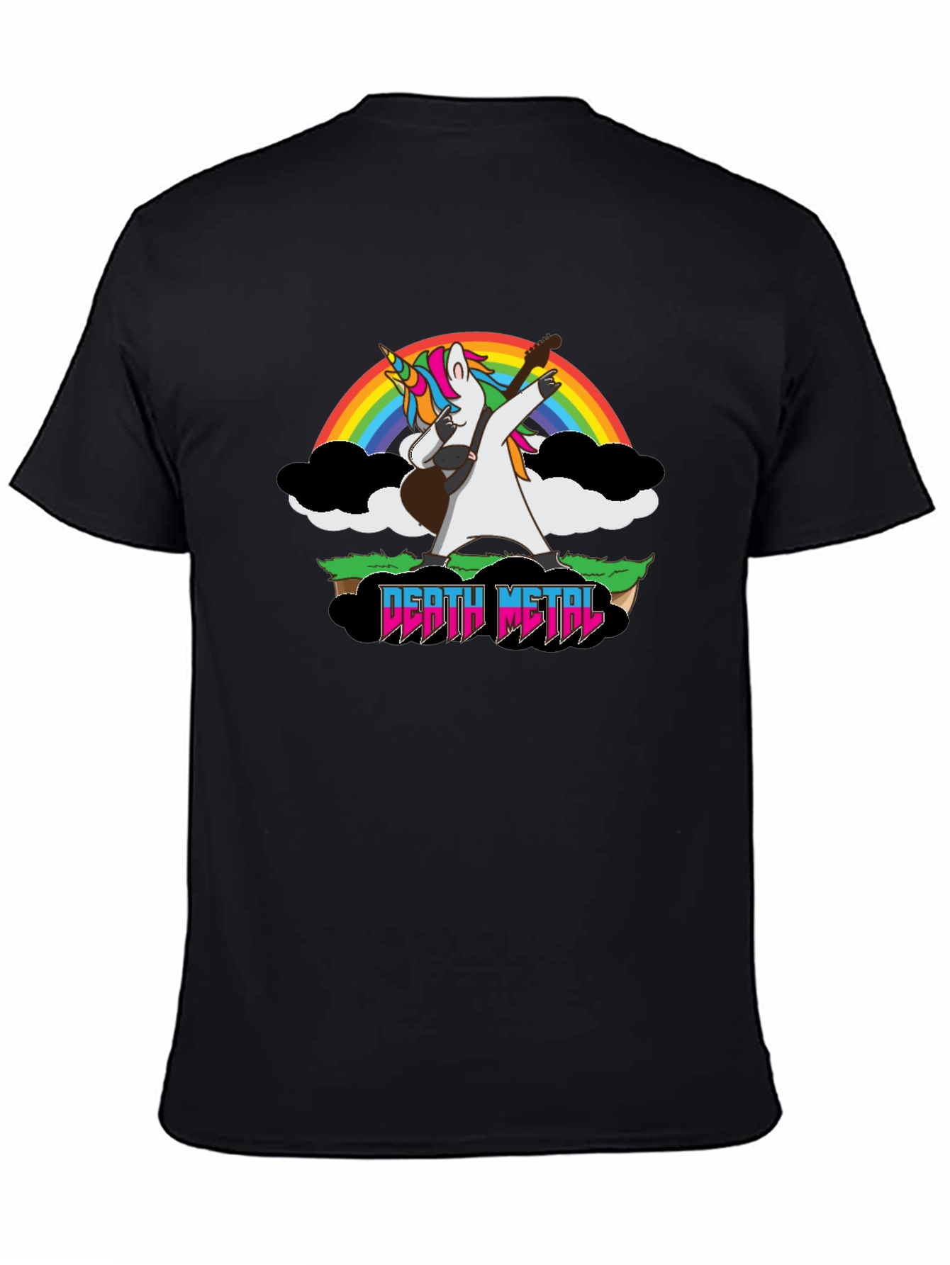 Camiseta Negra Unicornio Metalero con Arcoíris