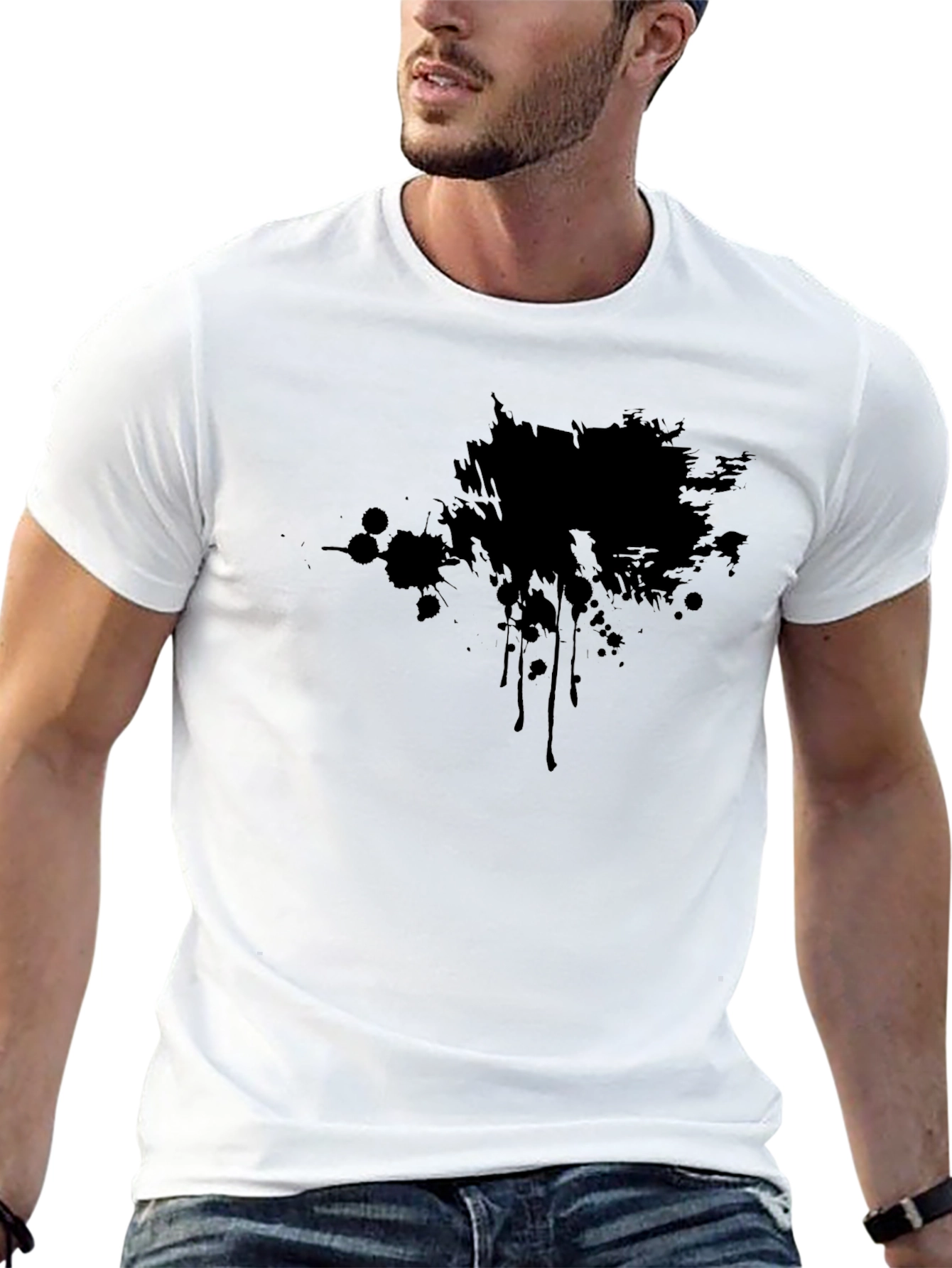 Camiseta Negra Estampada con Mancha Abstracta