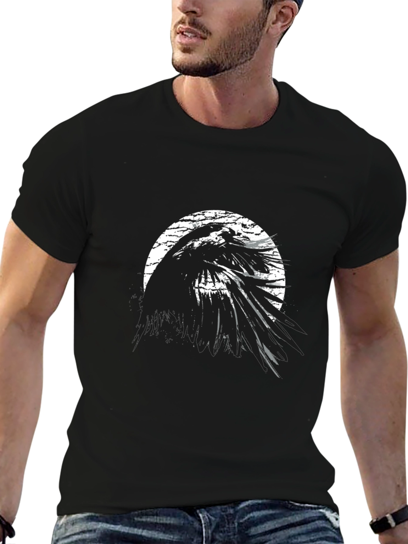Camiseta Negra Cuervo Abstracto Estilo Grunge