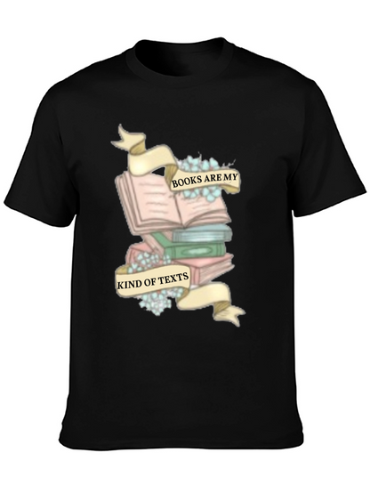 Camiseta Negra con Diseño de Libros y Frase Literaria
