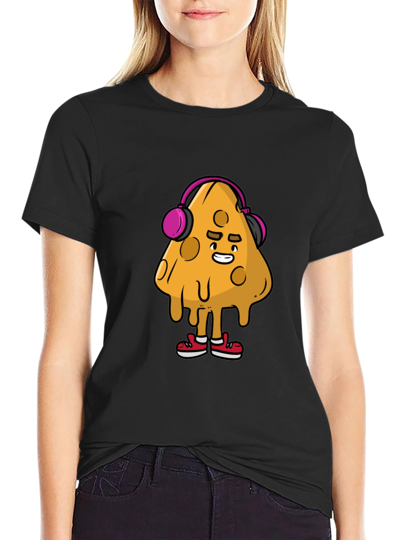 Camiseta Negra con Diseño Divertido de Queso con Auriculares