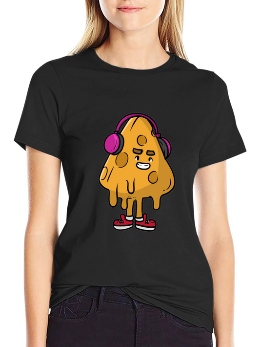 Camiseta Negra con Diseño Divertido de Queso con Auriculares