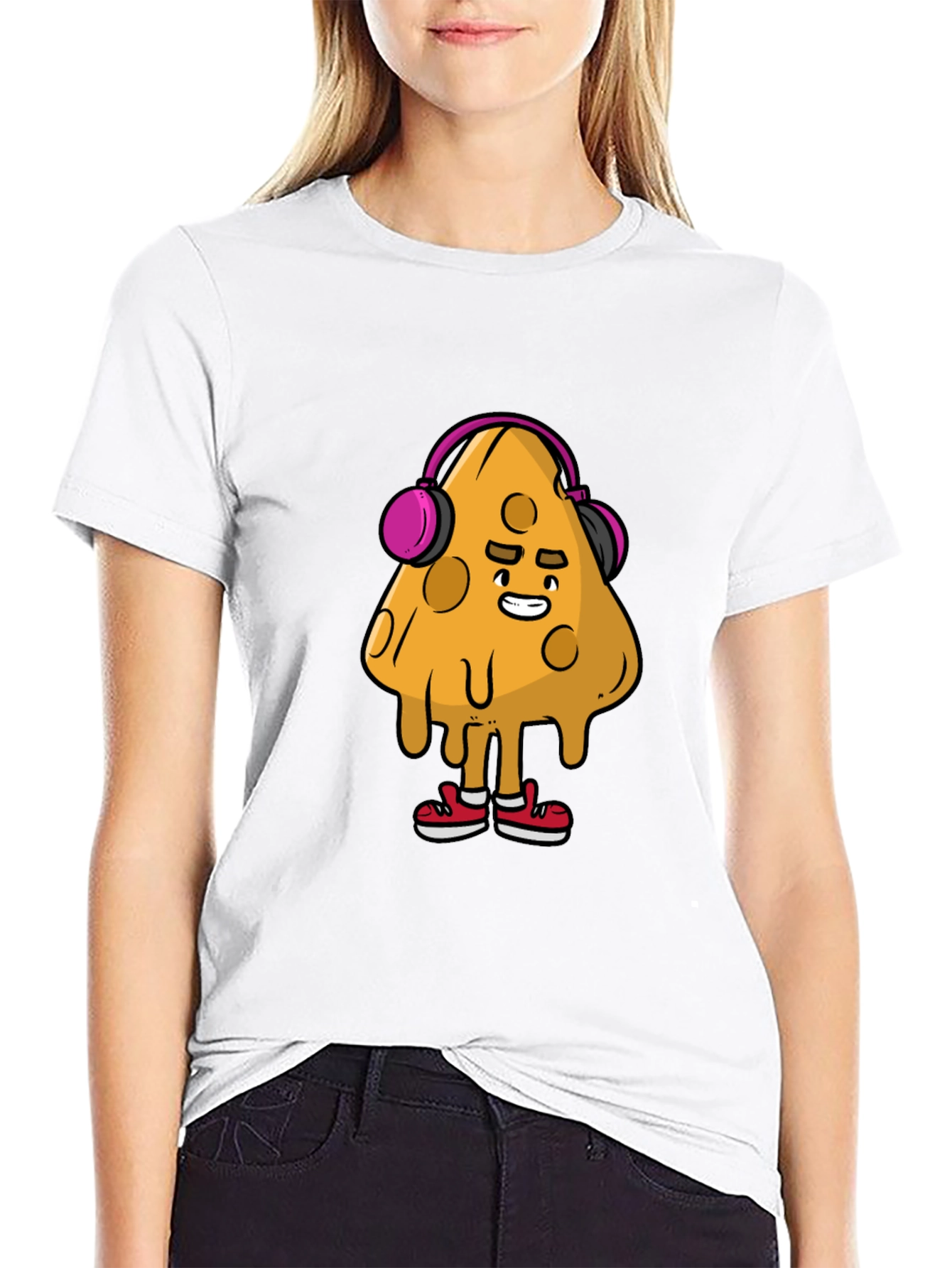 Camiseta Negra con Diseño Divertido de Queso con Auriculares