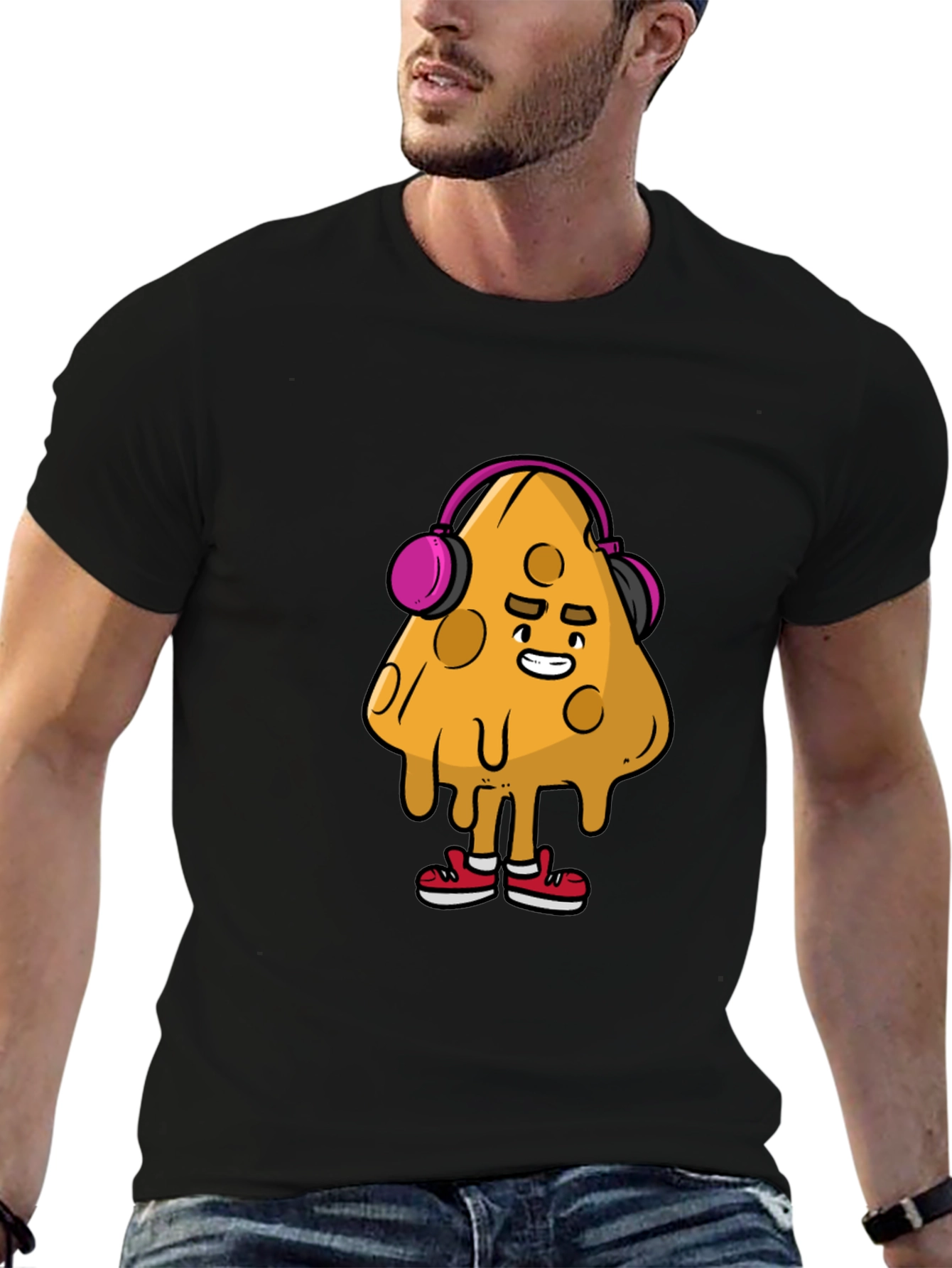 Camiseta Negra con Diseño Divertido de Queso con Auriculares