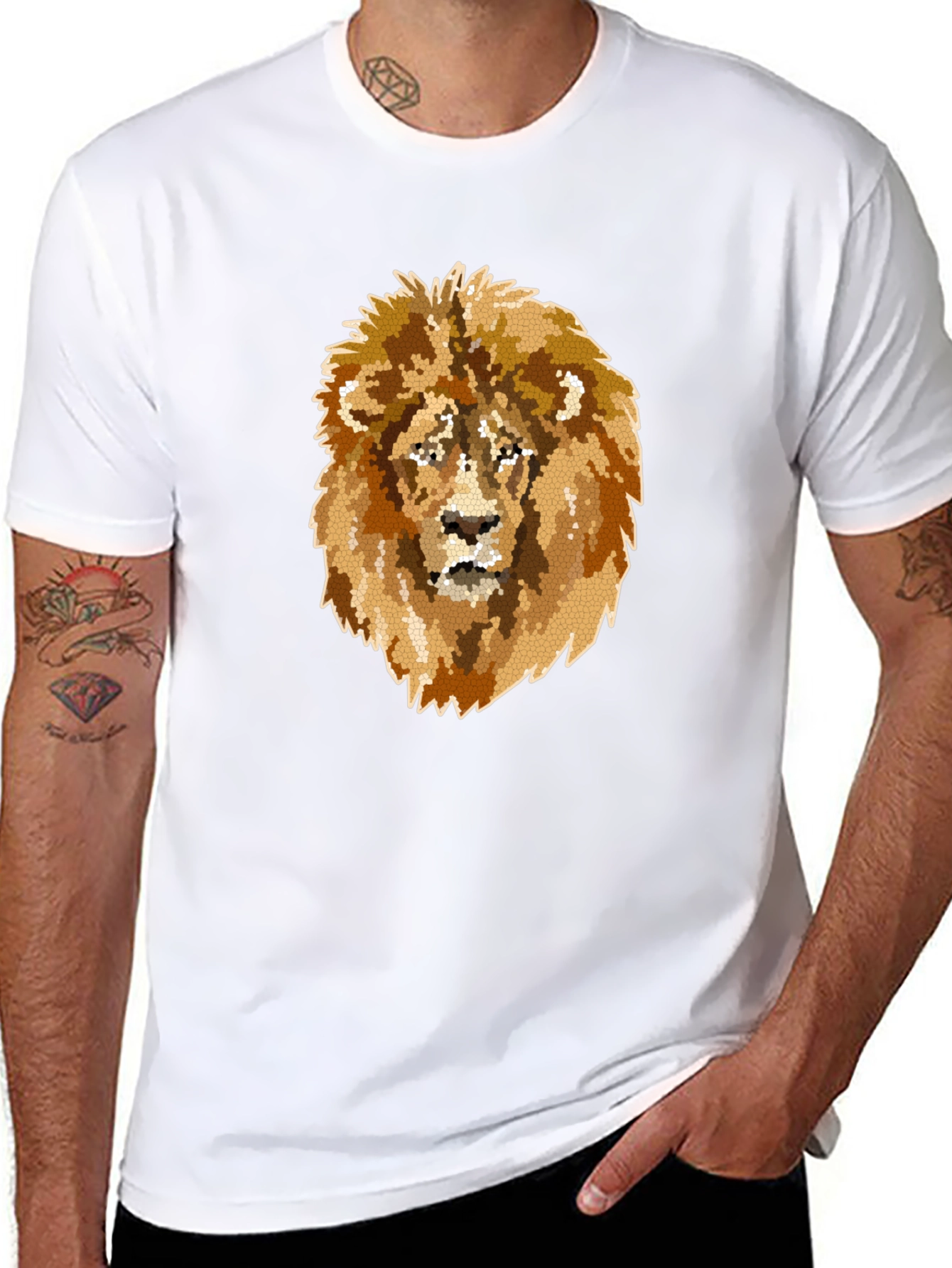 Camiseta Negra Hombre con Diseño de León Mosaico