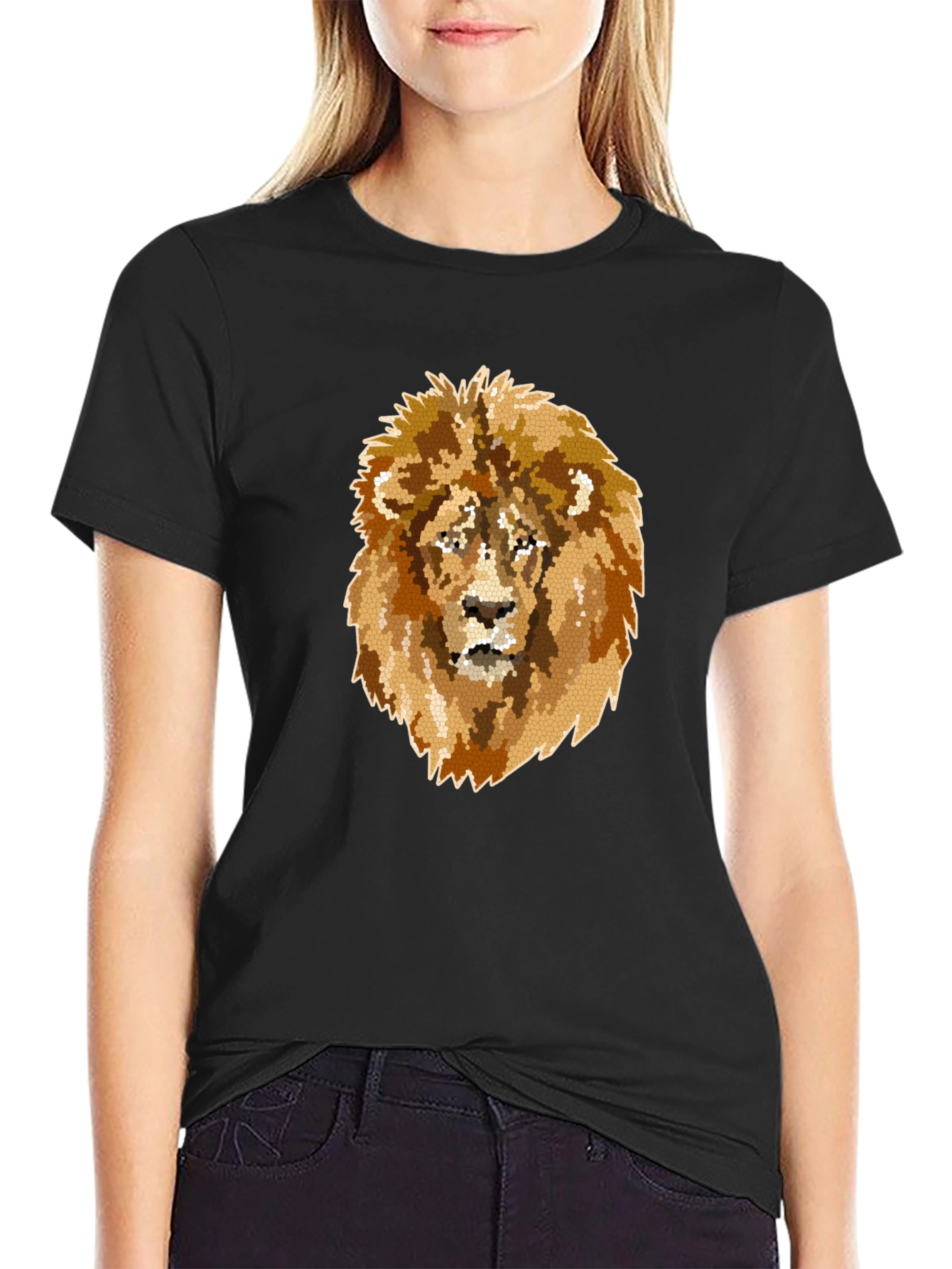 Camiseta Negra Hombre con Diseño de León Mosaico