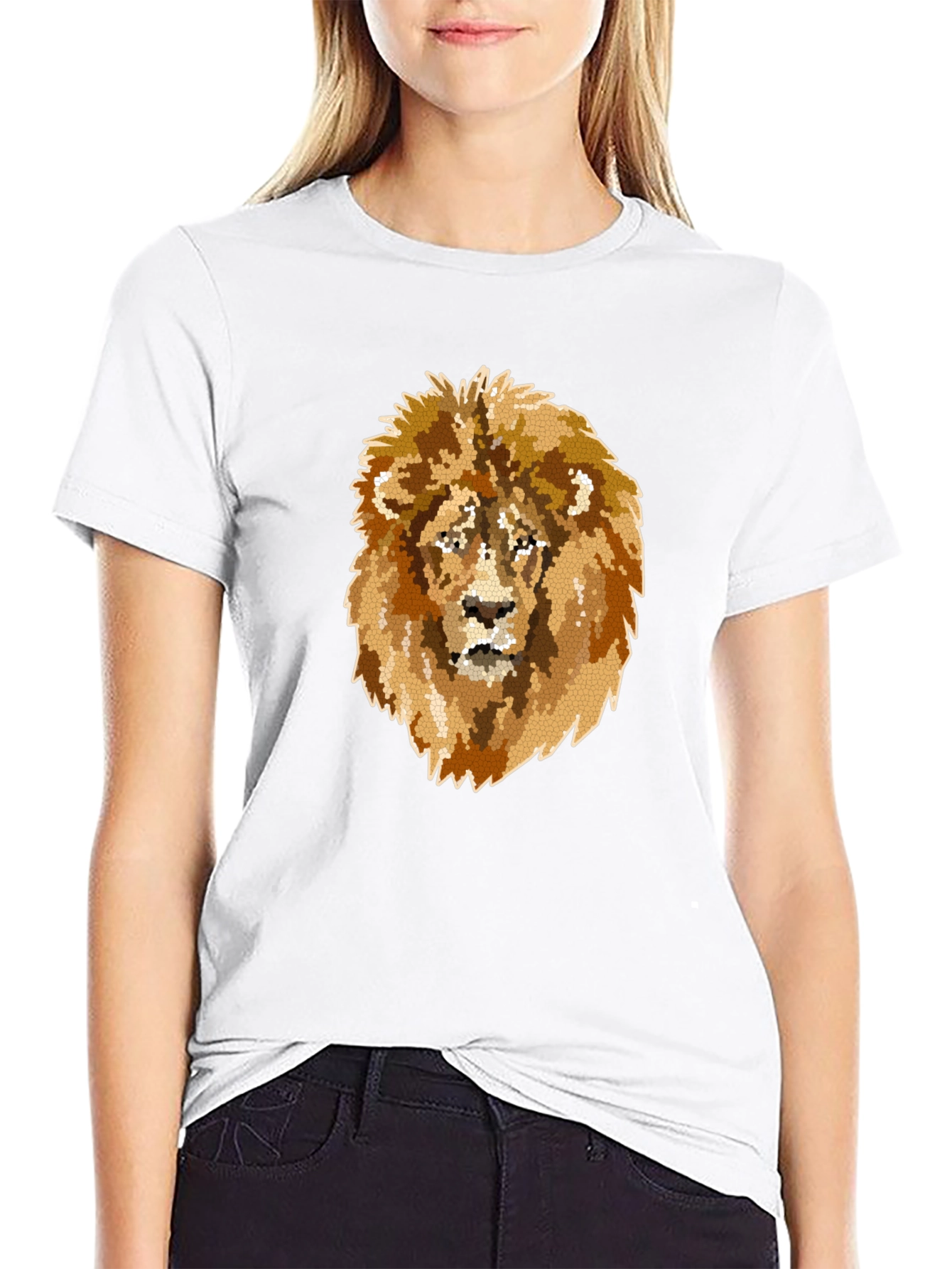Camiseta Negra Hombre con Diseño de León Mosaico