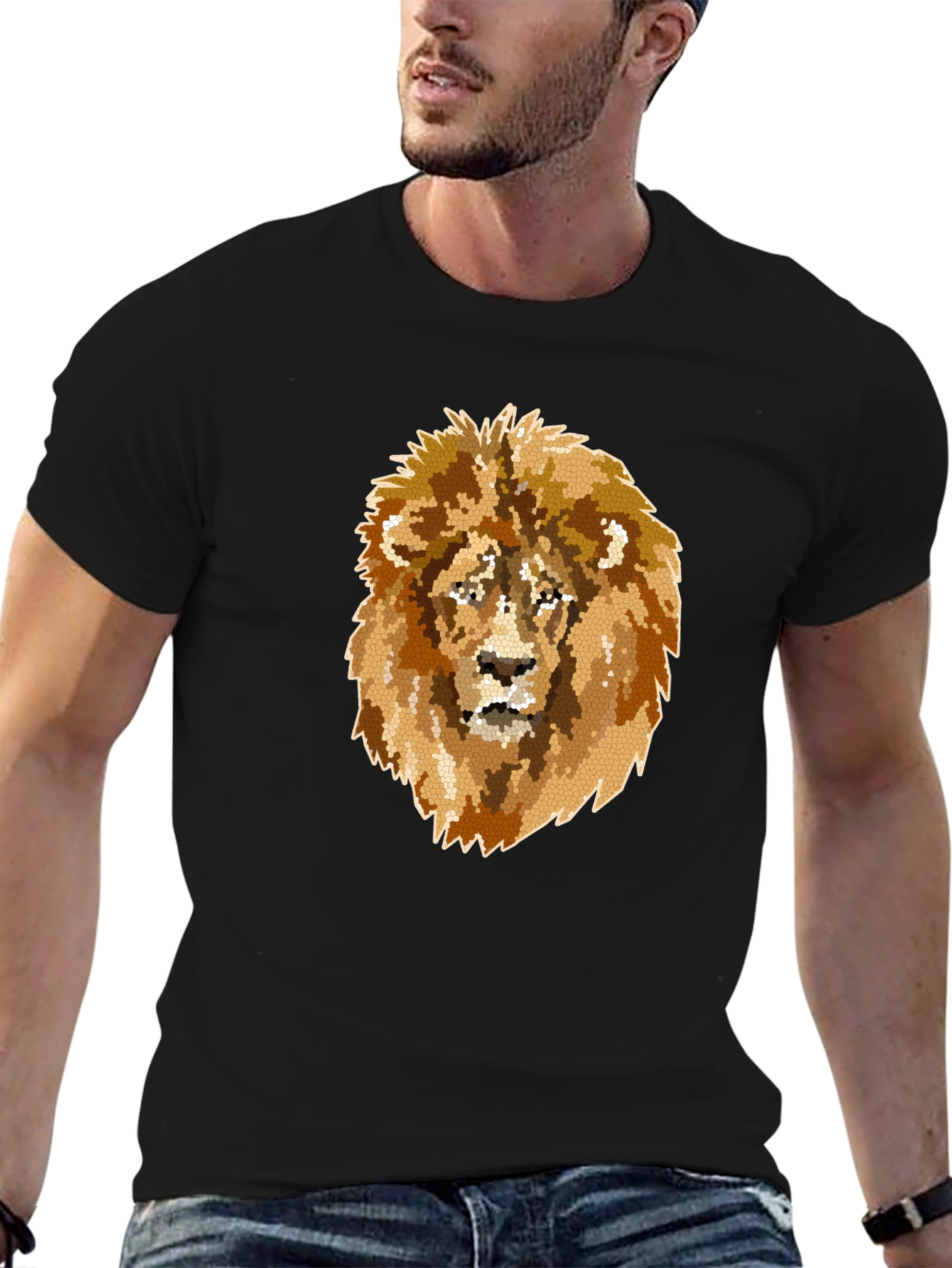 Camiseta Negra Hombre con Diseño de León Mosaico