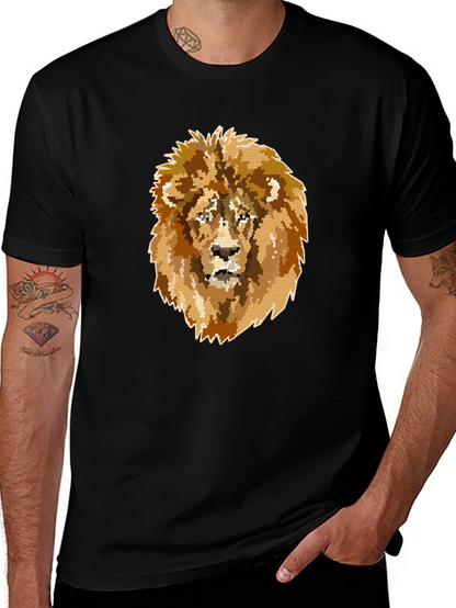 Camiseta Negra Hombre con Diseño de León Mosaico