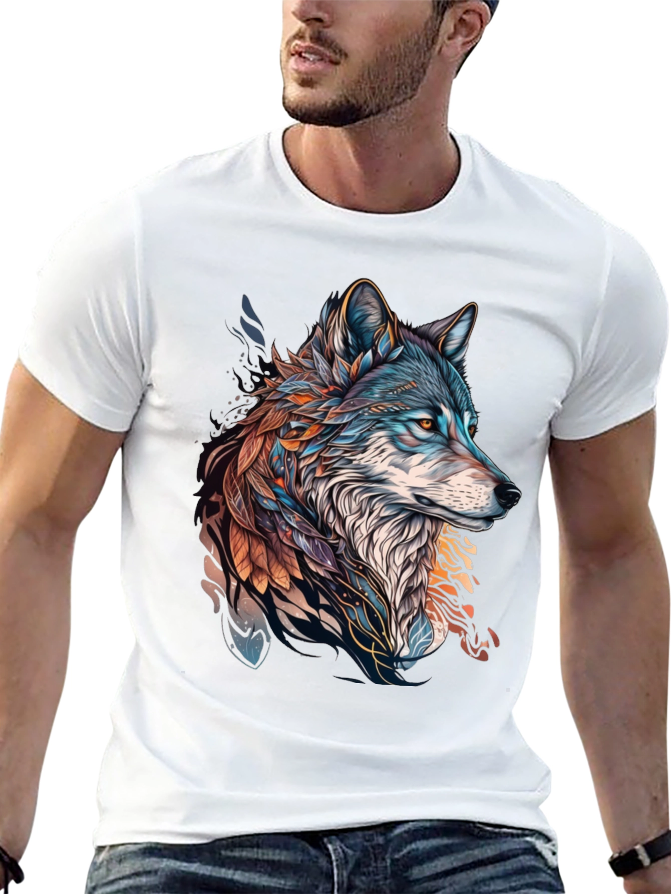 Camiseta Negra con Diseño de Lobo Artístico