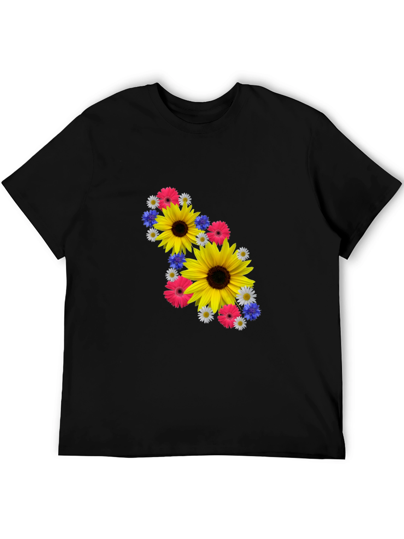 Camiseta Negra con Diseño Floral Vibrante