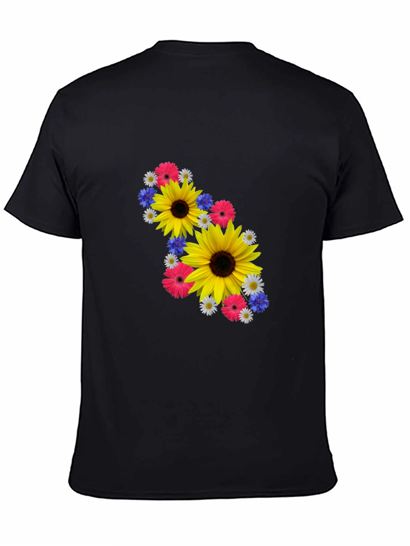 Camiseta Negra con Diseño Floral Vibrante