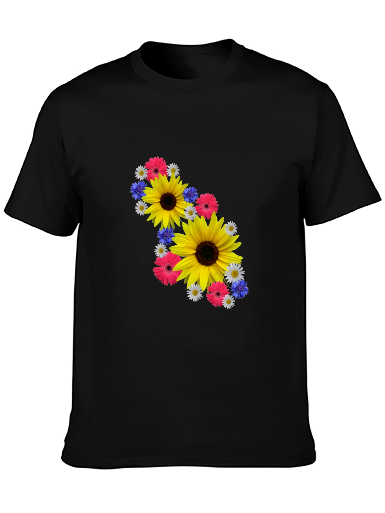 Camiseta Negra con Diseño Floral Vibrante