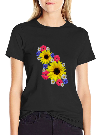 Camiseta Negra con Diseño Floral Vibrante