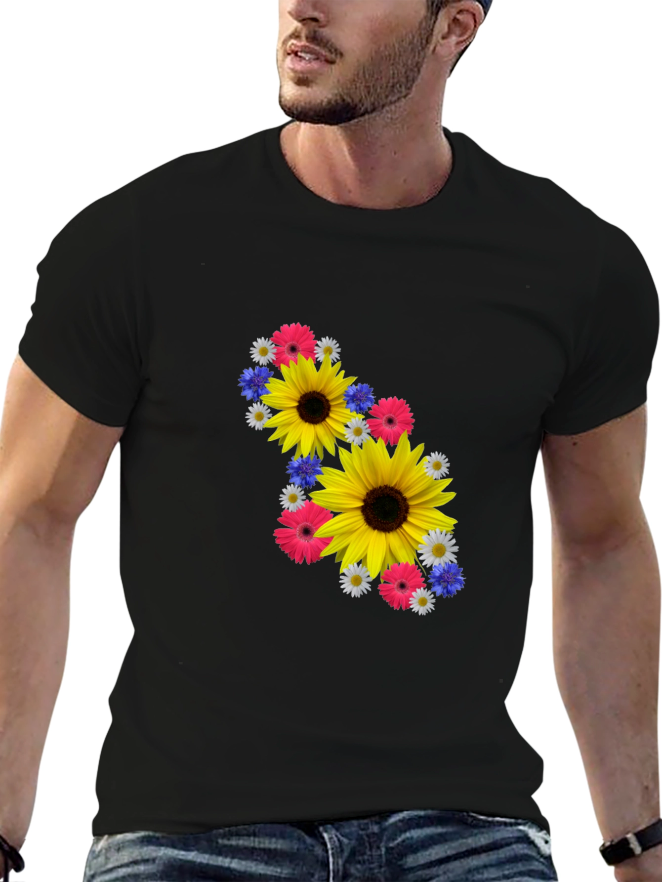 Camiseta Negra con Diseño Floral Vibrante