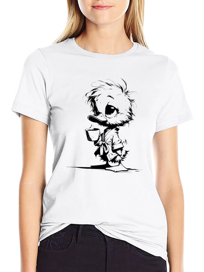 Camiseta Negra con Dibujo de Pato Bebiendo Té